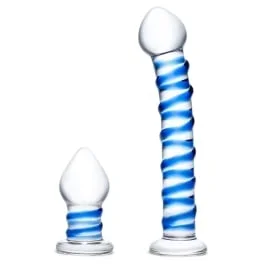 2-Piece Double Penetration Glass Swirly Dildo & Butt Plug Set