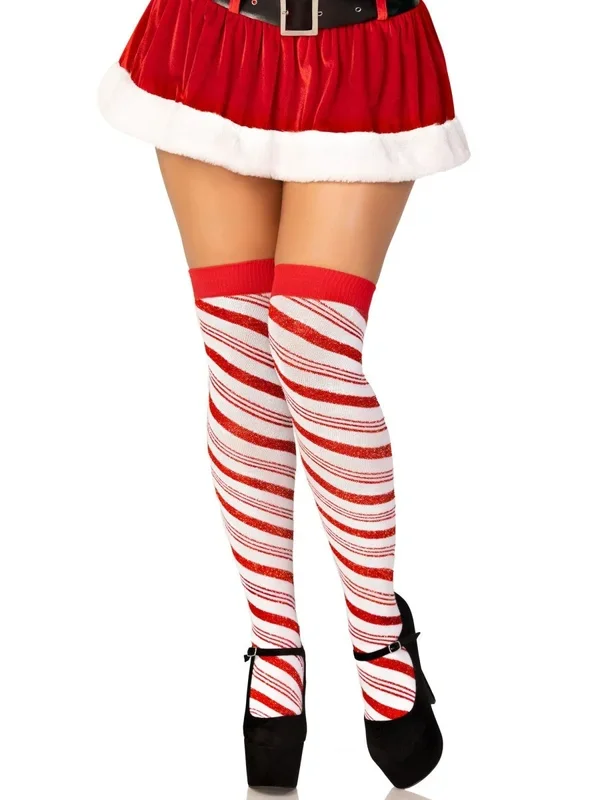 Candy Cane Lurex Striped Socks – Over the Knee – Os – White/red