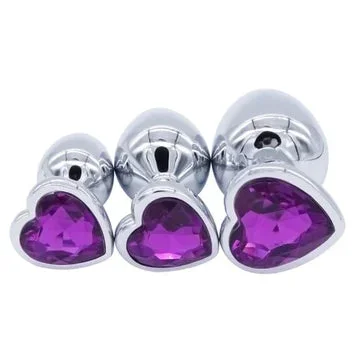 Come Closer Silver Butt Plug Kit | Heart Shape | S/M/L | Purple Diamonds