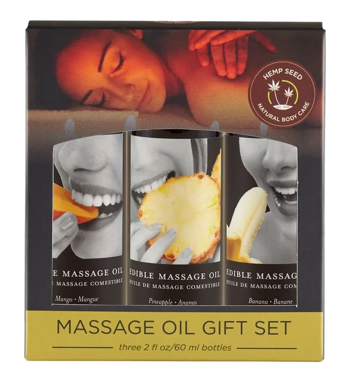 Edible Massage Oil Gift Set Box – 2 Fl. Oz. Bottles – Banana, Mango, Pineapple