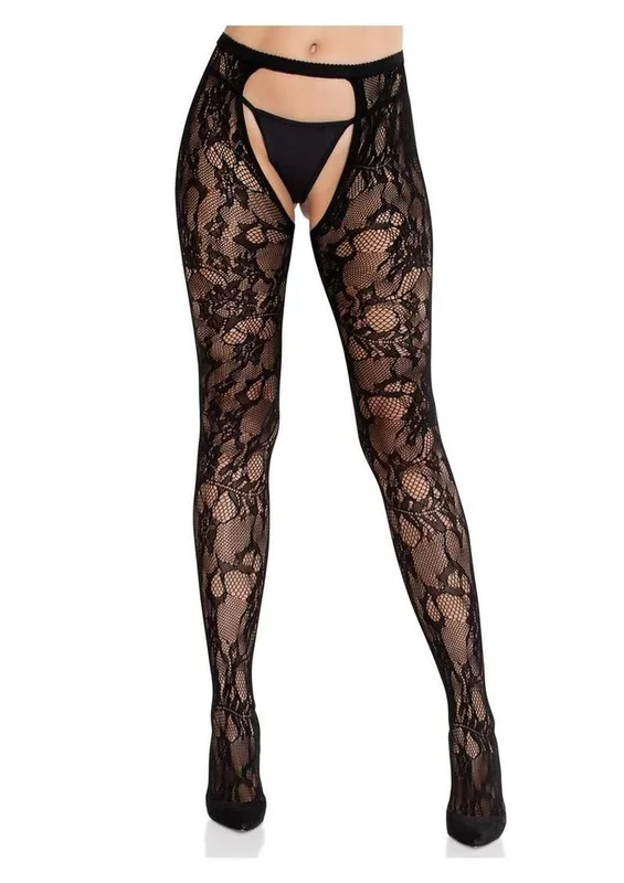 Eyelet Rose Lace Crotchless Tights with Cheeky Open Back