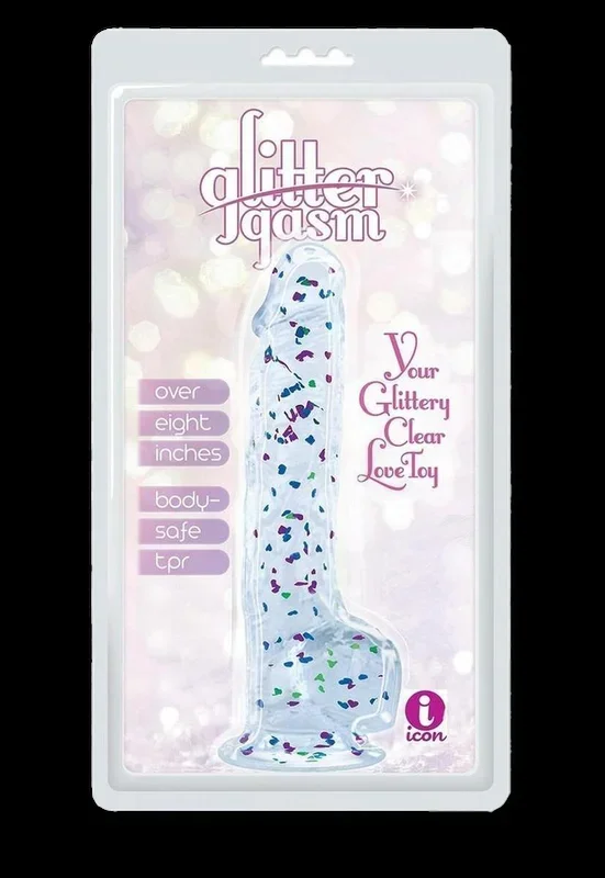 Glittergasm Realistic Clear Dildo with Balls and Suction Cup – Blue/Purple/Violet Glitter