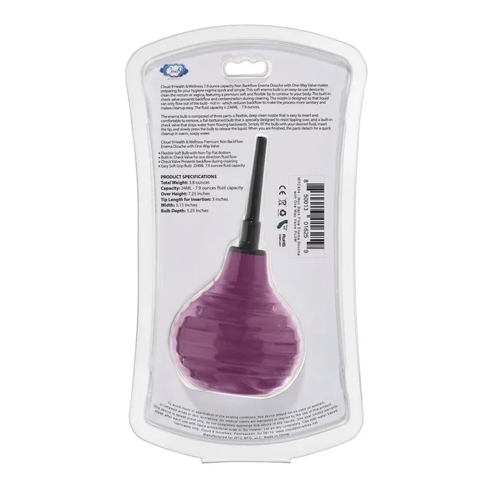 Health and Wellness Deluxe Enema Douche Non- Backflow One-Way Valve – 7.9 Fl. Oz. – Plum