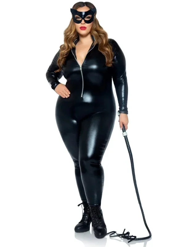 Lame Zipper Front Catsuit – 1x/2x – Black