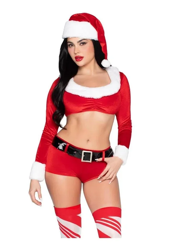 Leg Avenue Christmas Cutie Costume, Velvet Crop Top with Faux Fur Trim, Shorts, Belt and Santa Hat