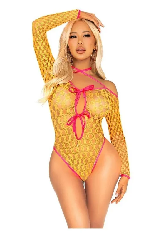 Leg Avenue Eyelet Net Teddy with Tie-Front Keyhole Detail