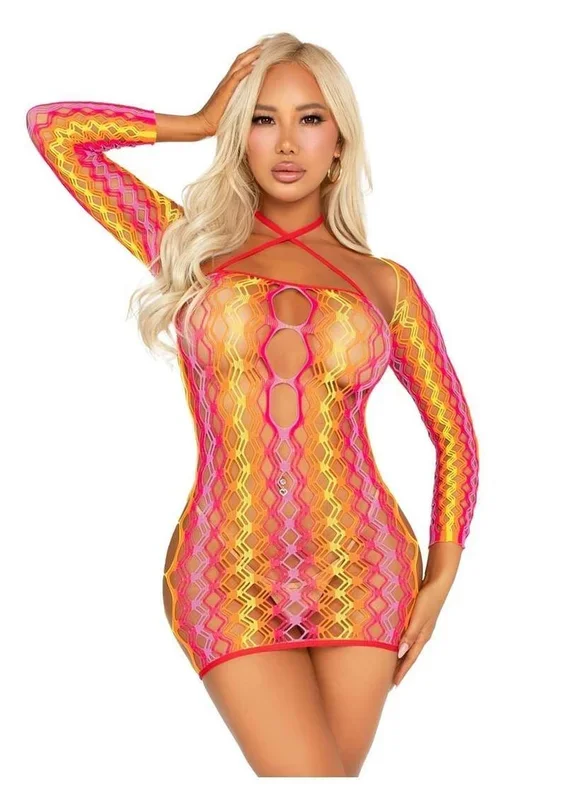 Leg Avenue Zig Zag Net Twist Halter Mini Dress with Keyhole Detail and Shrug