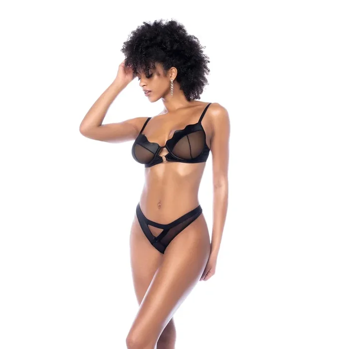 Mapale Wet Look Black Three Piece Set – Sheer Mesh Contrast and Garter Belt