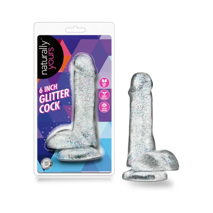 Naturally Yours 6 in. Glitter Cock Realistic Dildo with Balls Sparkling Clear