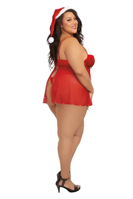 Santa Babydoll, Thong and Hat – 3x – Lipstick Red