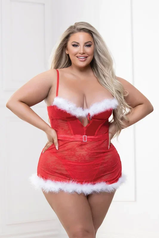 Two Piece Lace and Stretch Satin Chemise With Marabou Trim and G-String Set – 3x/4x – Red